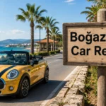 Boğazkent Car Rental for relaxed coastal drives in Antalya Yellow convertible beside a wooden sign reading “Boğazkent Car Rental” on a coastal road