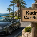 Kadriye Car Rental: flexible travel in Antalya Dark convertible beside a wooden sign reading “Kadriye Car Rental”, with palm trees, the coast and sea in the background.