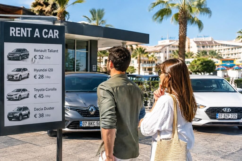 Araç kiralama tabelasında Renault, Hyundai, Toyota ve Dacia modelleri günlük fiyatlarıyla; önünde iki kişi ve park hâlindeki araçlar.