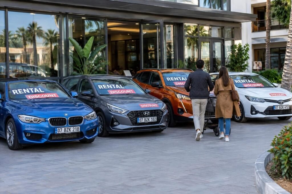 Cam giriş önünde indirim tabelaları bulunan dört kiralık otomobil ve yürüyen iki kişi