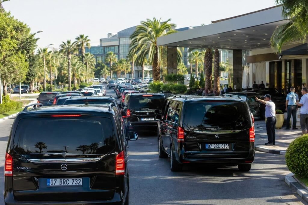Palmiyelerle çevrili bir bina girişinde sıraya girmiş siyah araçlar ve bekleyen insanlar