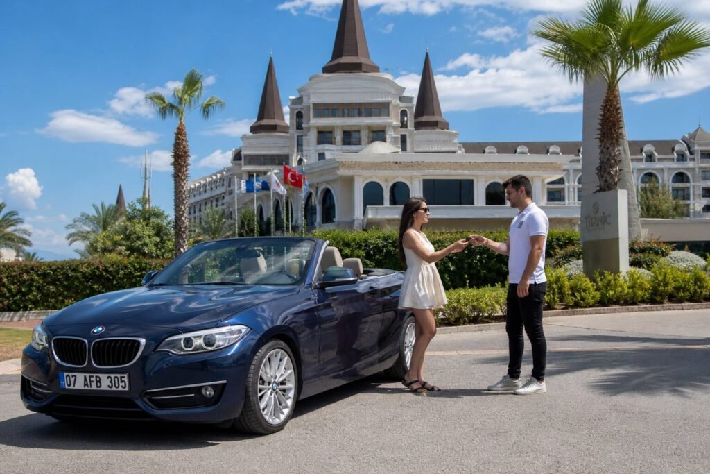 Palmiye ağaçları önünde lacivert üstü açılır BMW ve yanında duran iki kişi